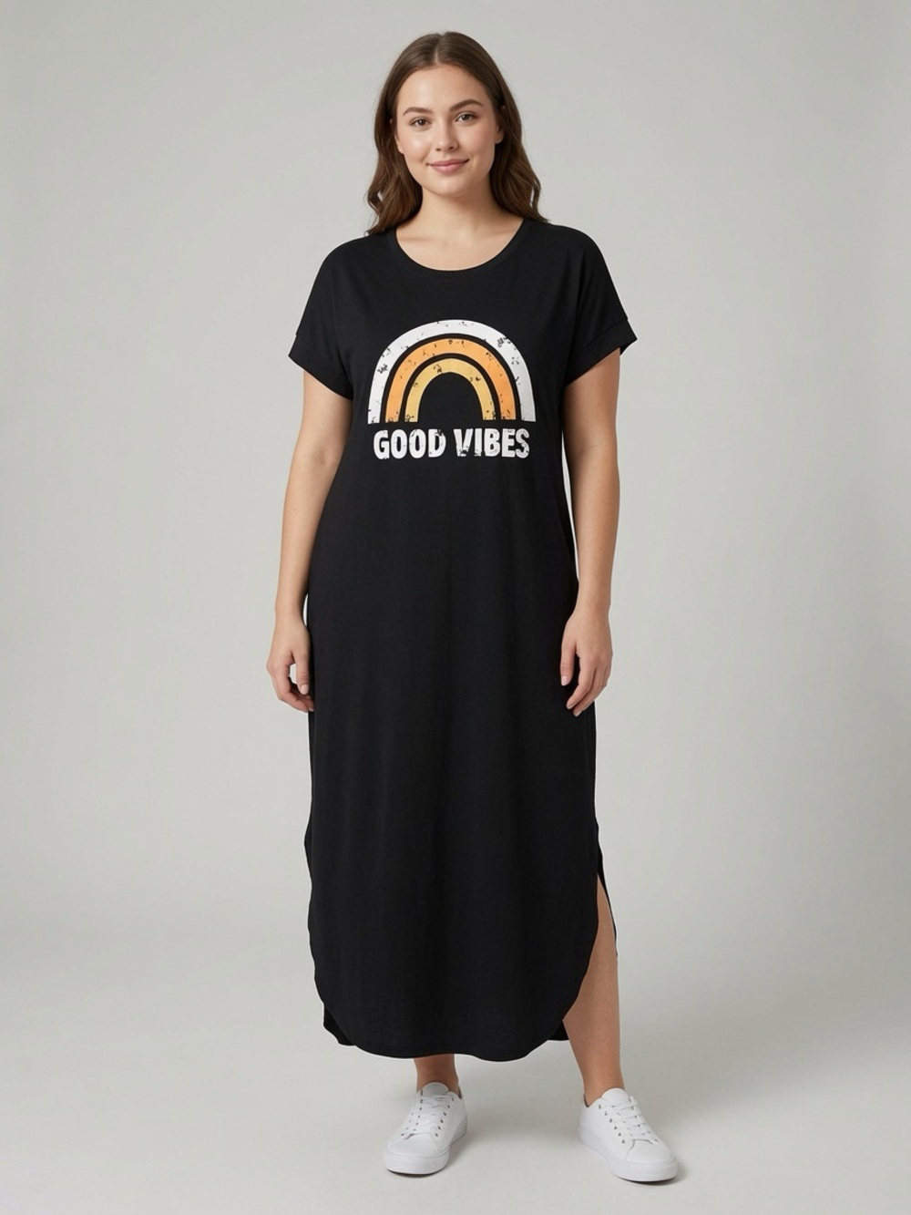 Black 'Good Vibes' Maxi T-Shirt Dress with Retro Rainbow
